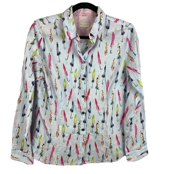 MILANO Italy Light Blue Pink Umbrella Button Down Cotton Shirt Small 38EU - Picture 1 of 13